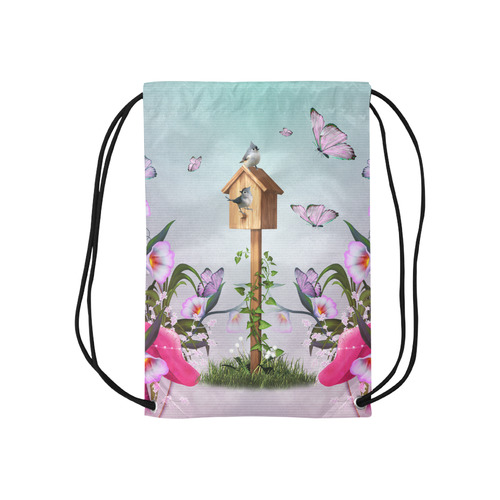 cute birds with butterflies Small Drawstring Bag Model 1604 (Twin Sides) 11"(W) * 17.7"(H)
