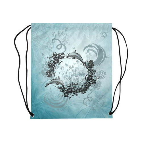 Jumping dolphin with flowers Large Drawstring Bag Model 1604 (Twin Sides)  16.5"(W) * 19.3"(H)