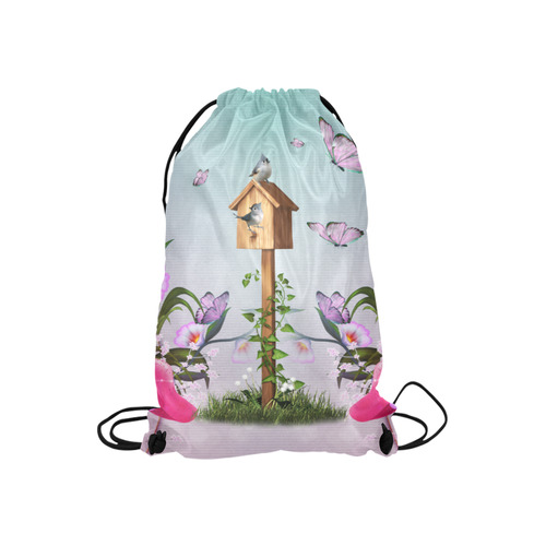 cute birds with butterflies Small Drawstring Bag Model 1604 (Twin Sides) 11"(W) * 17.7"(H)