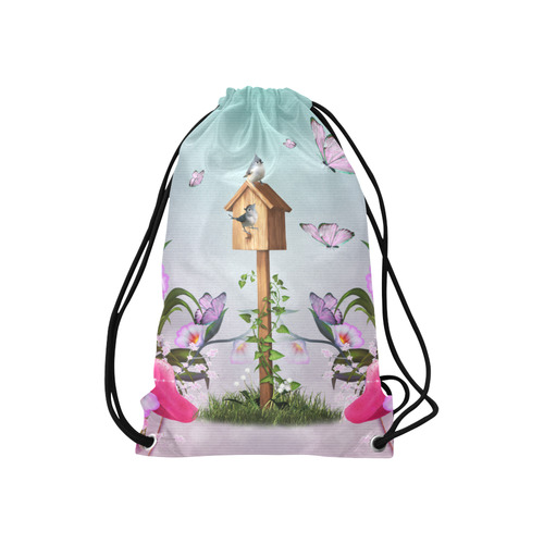 cute birds with butterflies Small Drawstring Bag Model 1604 (Twin Sides) 11"(W) * 17.7"(H)