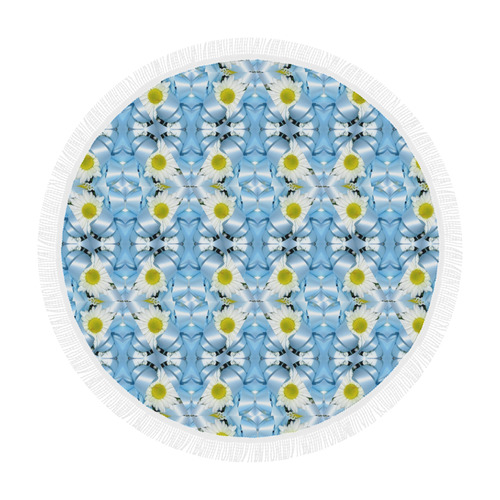 White Daisy and Blue Ribbons Kaleidoscope 1 Circular Beach Shawl 59"x 59"