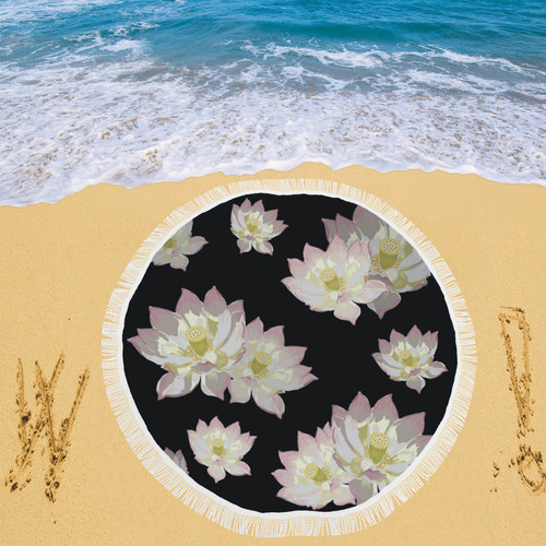 Lotus Flower in Black Circular Beach Shawl 59"x 59"
