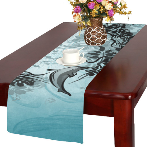 Jumping dolphin with flowers Table Runner 14x72 inch