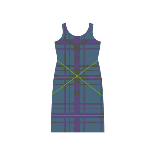 Neon Plaid modern 80's design Phaedra Sleeveless Open Fork Long Dress (Model D08)