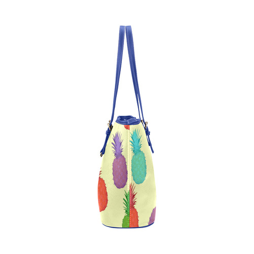pineapples summer blue Leather Tote Bag/Small (Model 1651)