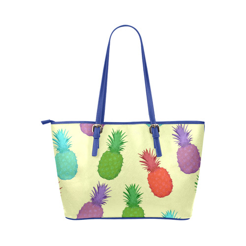 pineapples summer blue Leather Tote Bag/Small (Model 1651)