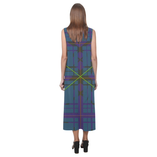 Neon Plaid modern 80's design Phaedra Sleeveless Open Fork Long Dress (Model D08)