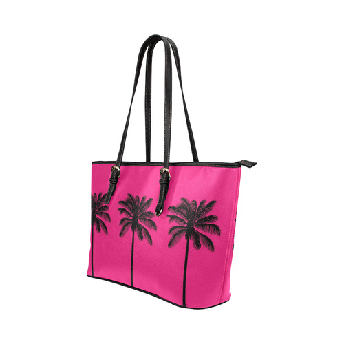 Palm trees summer pink Leather Tote Bag/Small (Model 1651)