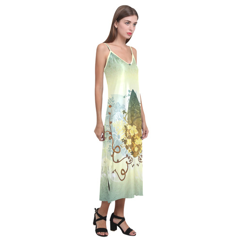 Surfbaord on vintage background V-Neck Open Fork Long Dress(Model D18)