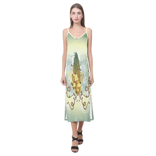 Surfbaord on vintage background V-Neck Open Fork Long Dress(Model D18)