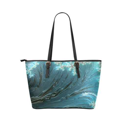 Big Wave Fine Fractal Ocean Wave Leather Tote Bag/Large (Model 1651)