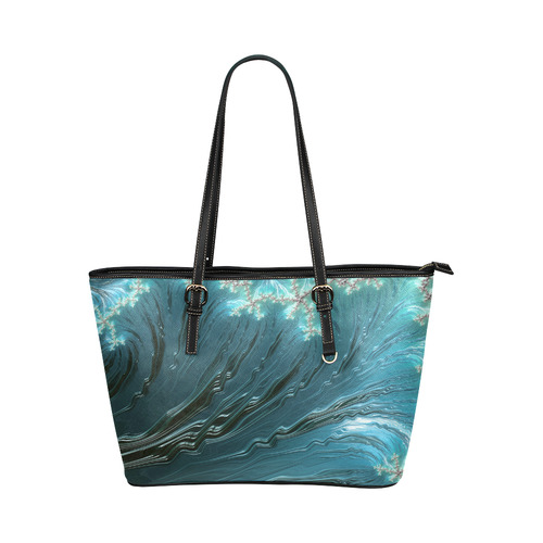 Big Wave Fine Fractal Ocean Wave Leather Tote Bag/Small (Model 1651)