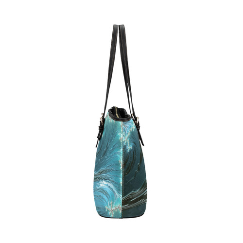 Big Wave Fine Fractal Ocean Wave Leather Tote Bag/Large (Model 1651)