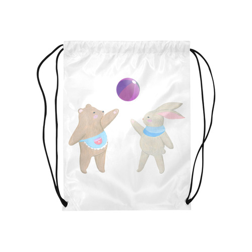 Cute Bear and Rabbit Playing with a Funny Ball Medium Drawstring Bag Model 1604 (Twin Sides) 13.8"(W) * 18.1"(H)