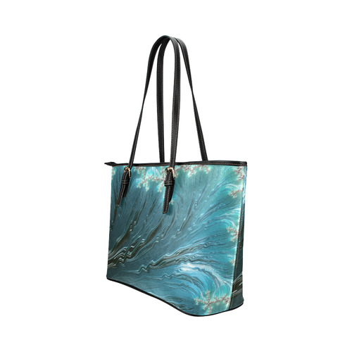 Big Wave Fine Fractal Ocean Wave Leather Tote Bag/Large (Model 1651)