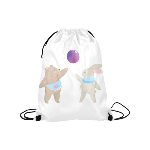 Cute Bear and Rabbit Playing with a Funny Ball Medium Drawstring Bag Model 1604 (Twin Sides) 13.8"(W) * 18.1"(H)