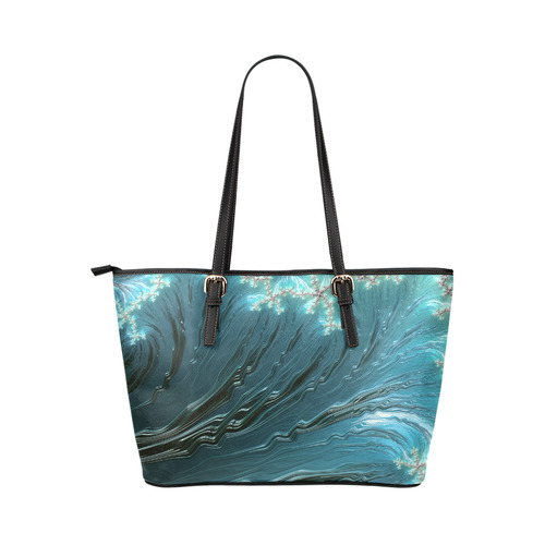 Big Wave Fine Fractal Ocean Wave Leather Tote Bag/Small (Model 1651)