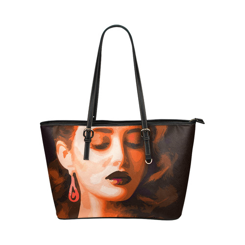 Beautiful Woman Portrait Leather Tote Bag/Large (Model 1651)