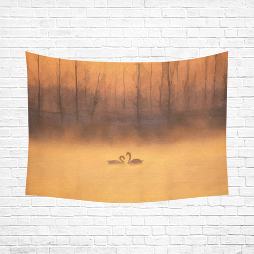 Swans At Sunset Landscape Cotton Linen Wall Tapestry 80"x 60"