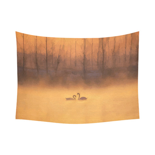 Swans At Sunset Landscape Cotton Linen Wall Tapestry 80"x 60"