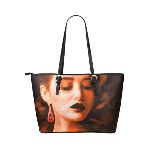 Beautiful Woman Portrait Leather Tote Bag/Large (Model 1651)