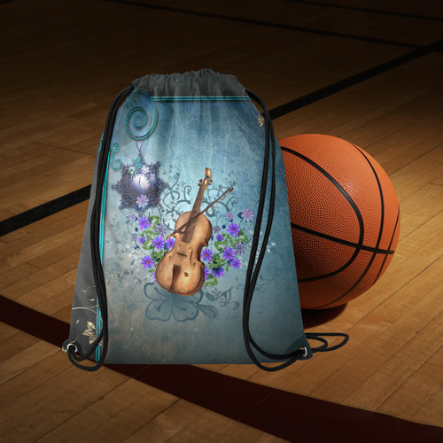 Violin with violin bow and flowers Large Drawstring Bag Model 1604 (Twin Sides)  16.5"(W) * 19.3"(H)