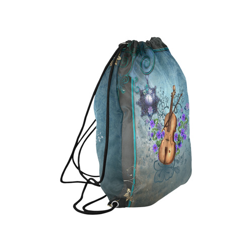 Violin with violin bow and flowers Large Drawstring Bag Model 1604 (Twin Sides)  16.5"(W) * 19.3"(H)