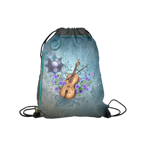 Violin with violin bow and flowers Medium Drawstring Bag Model 1604 (Twin Sides) 13.8"(W) * 18.1"(H)