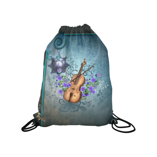 Violin with violin bow and flowers Medium Drawstring Bag Model 1604 (Twin Sides) 13.8"(W) * 18.1"(H)