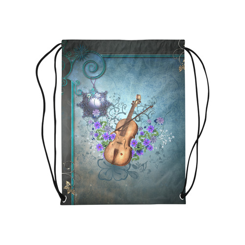 Violin with violin bow and flowers Medium Drawstring Bag Model 1604 (Twin Sides) 13.8"(W) * 18.1"(H)