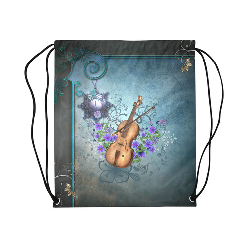 Violin with violin bow and flowers Large Drawstring Bag Model 1604 (Twin Sides)  16.5"(W) * 19.3"(H)