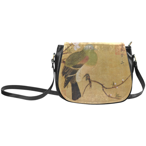 Turtledove on Peach Branch Chinese Nature Painting Classic Saddle Bag/Small (Model 1648)