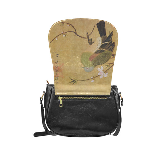 Turtledove on Peach Branch Chinese Nature Painting Classic Saddle Bag/Small (Model 1648)