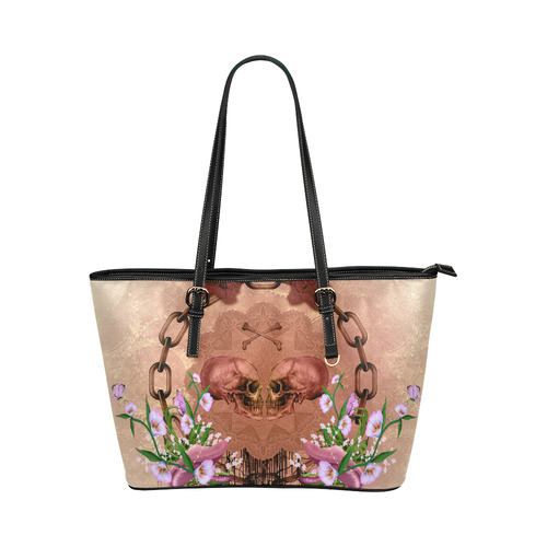 Awesome skulls with flowres Leather Tote Bag/Small (Model 1651)
