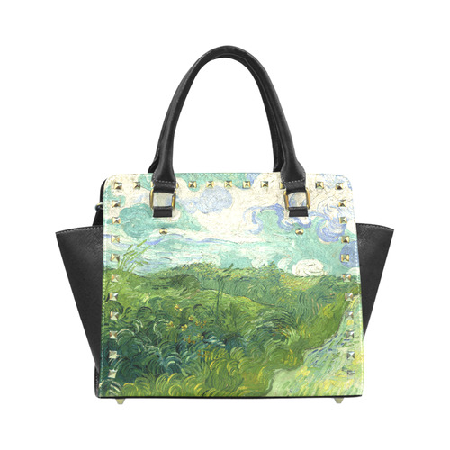 Van Gogh Green Wheat Fields Rivet Shoulder Handbag (Model 1645)