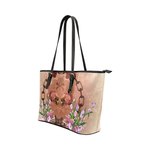 Awesome skulls with flowres Leather Tote Bag/Small (Model 1651)