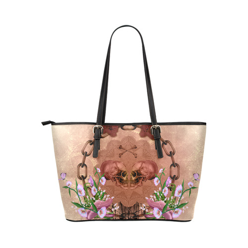 Awesome skulls with flowres Leather Tote Bag/Small (Model 1651)