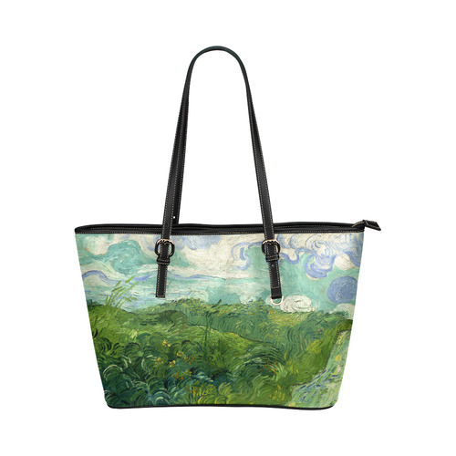 Van Gogh Green Wheat Fields Leather Tote Bag/Large (Model 1651)