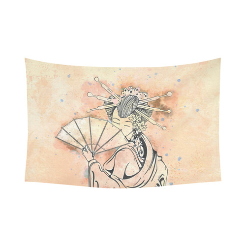 Vintage japanese beautiful geisha girl Cotton Linen Wall Tapestry 90"x 60"