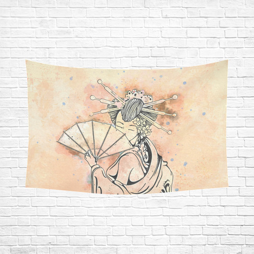Vintage japanese beautiful geisha girl Cotton Linen Wall Tapestry 90"x 60"