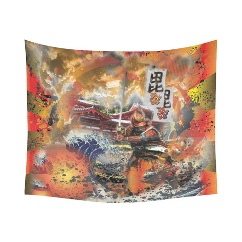 Samurai warrior Feudal Japan Abstract Collage Cotton Linen Wall Tapestry 60"x 51"