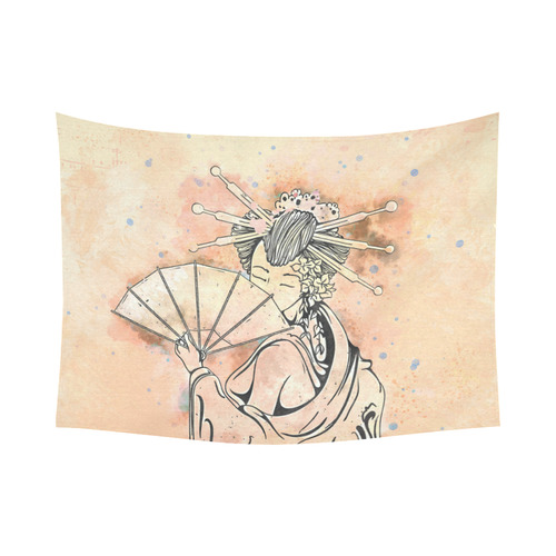 Vintage japanese beautiful geisha girl Cotton Linen Wall Tapestry 80"x 60"