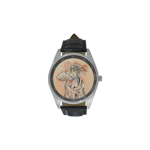 Vintage japanese beautiful geisha girl Men's Casual Leather Strap Watch(Model 211)