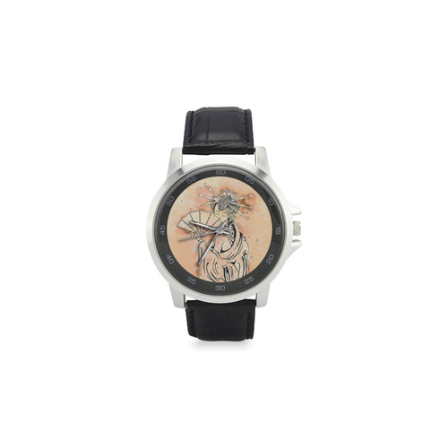 Vintage japanese beautiful geisha girl Unisex Stainless Steel Leather Strap Watch(Model 202)