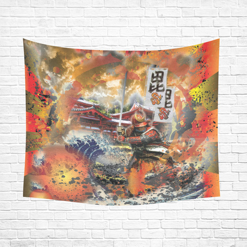 Samurai warrior Feudal Japan Abstract Collage Cotton Linen Wall Tapestry 60"x 51"