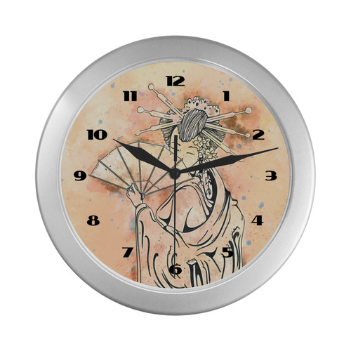 Vintage japanese beautiful geisha girl Silver Color Wall Clock