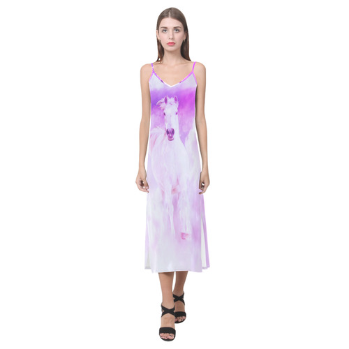 Girly Romantic Pink Horse In The Sky V-Neck Open Fork Long Dress(Model D18)