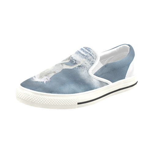 A white Unicorn wading in the water Slip-on Canvas Shoes for Kid (Model 019)