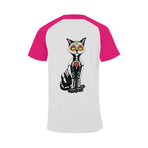 Sugar Skull Cat Hot Pink Men's Raglan T-shirt Big Size (USA Size) (Model T11)