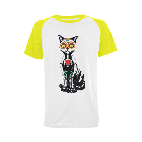Sugar Skull Cat Yellow Men's Raglan T-shirt Big Size (USA Size) (Model T11)